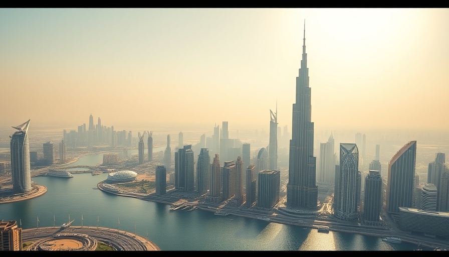 Dubai's economic transformation cityscape with skyscrapers and water.