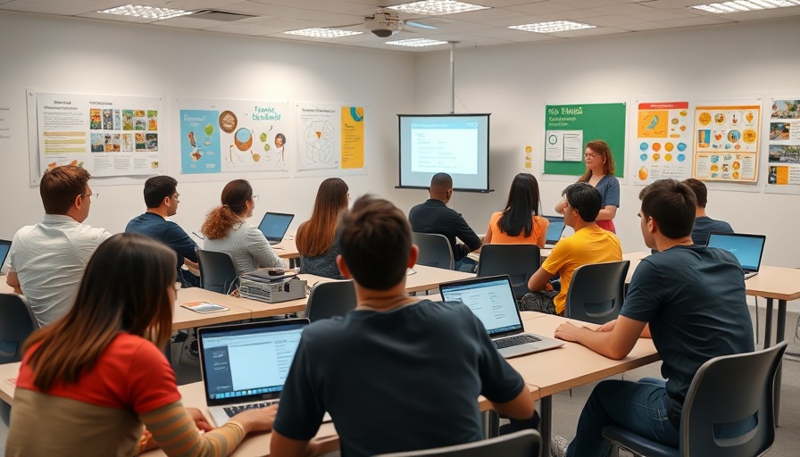 Students in a classroom using laptops for AI advances in education.