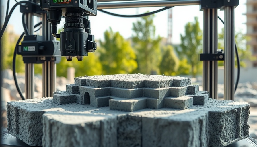 3D printing and AI in construction: Industrial 3D printer building walls with concrete outdoors.