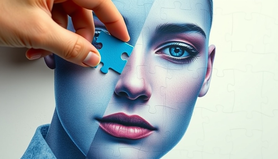 Completing face puzzle, concept art with blue and pink tones.