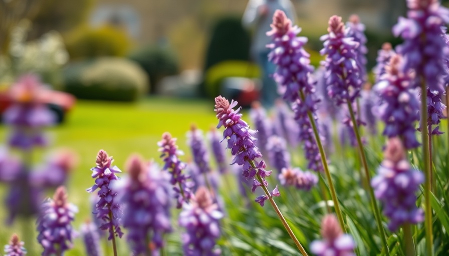Purple flowers with blurred lawn mowing scene, AI job cuts context