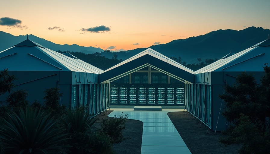 AI data centers housed in modern tents, evening glow.