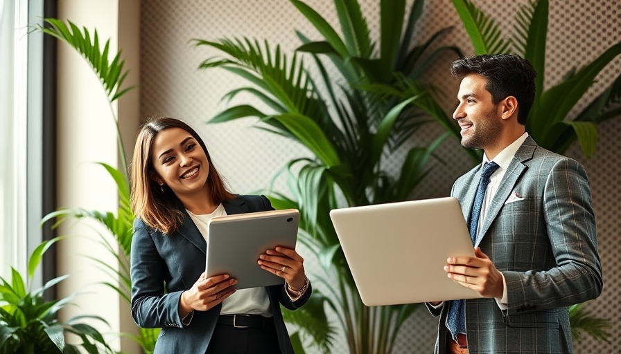 Professionals discussing AI in professional services with laptop and tablet.