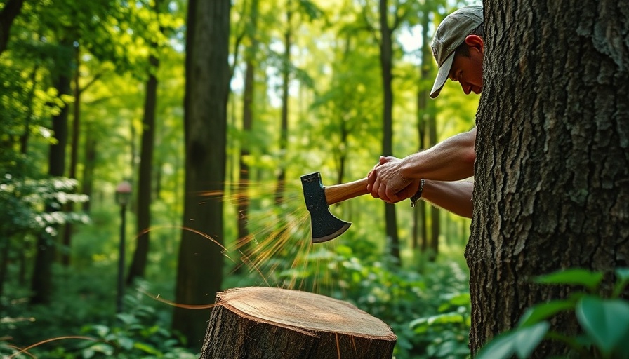Ax chopping tree trunk in forest, showcasing action and precision.