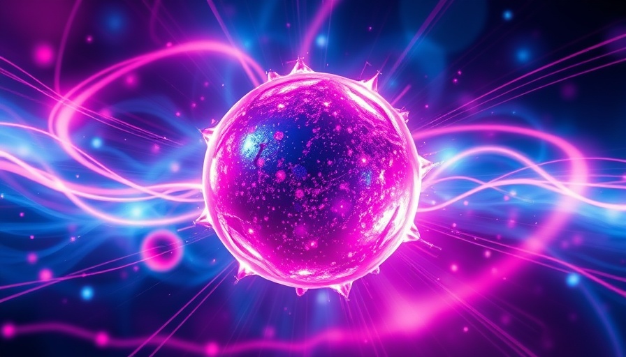 Abstract nuclear energy representation, glowing sphere, swirling colors.