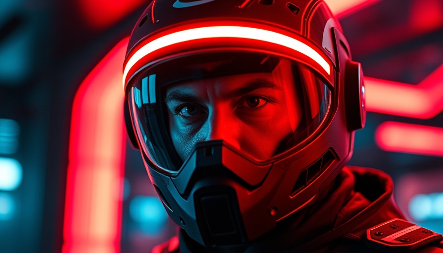 Scene from TRON Ares trailer, futuristic helmeted figure in neon glow.