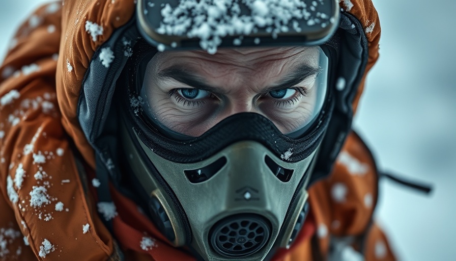 Person with a mask in icy storm, cinematic scene.