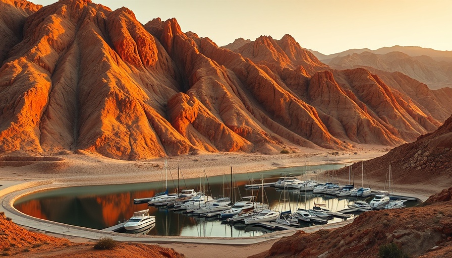 Southwestern drought landscape with cliffs and marina at sunset.