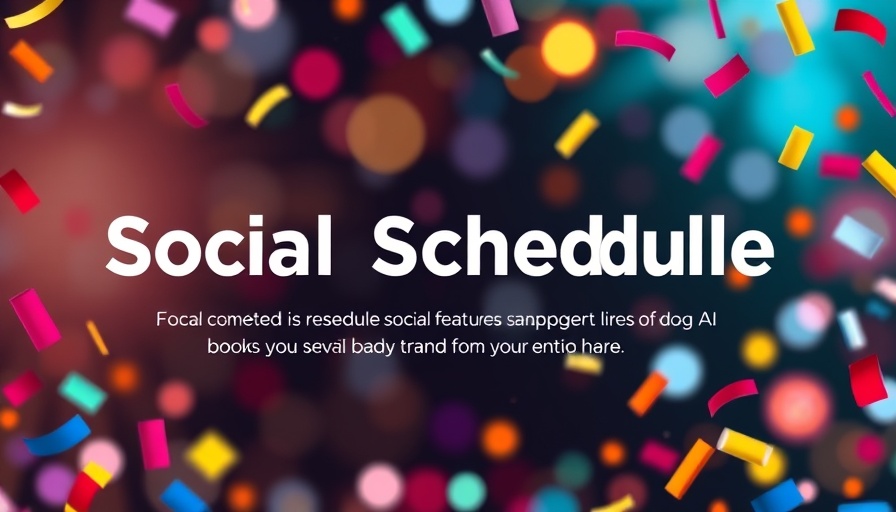 AI-powered social media scheduling tool promotional graphic with vibrant design.