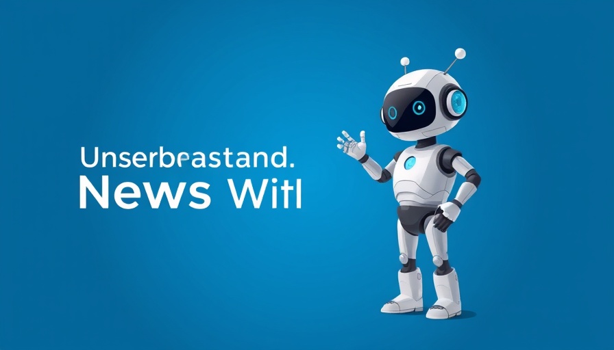 Minimalistic AI-themed graphic with robot and text on blue.