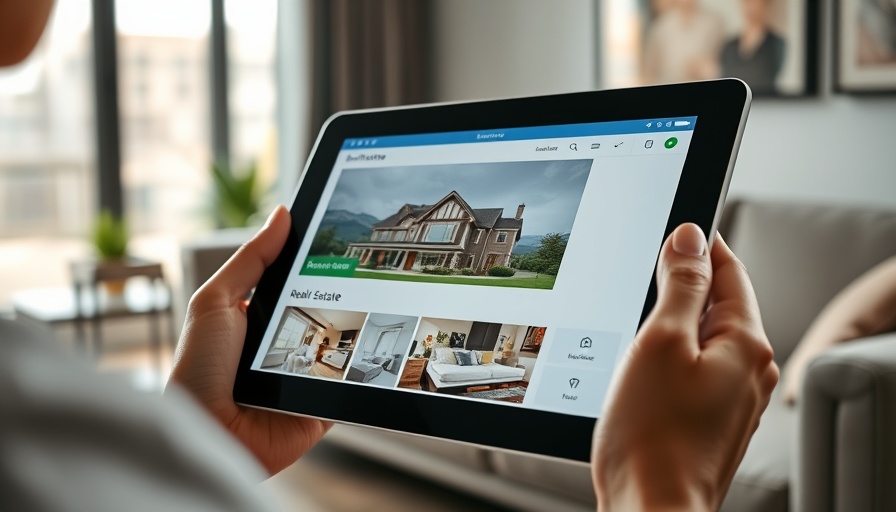 Browsing real estate app on tablet in modern living room