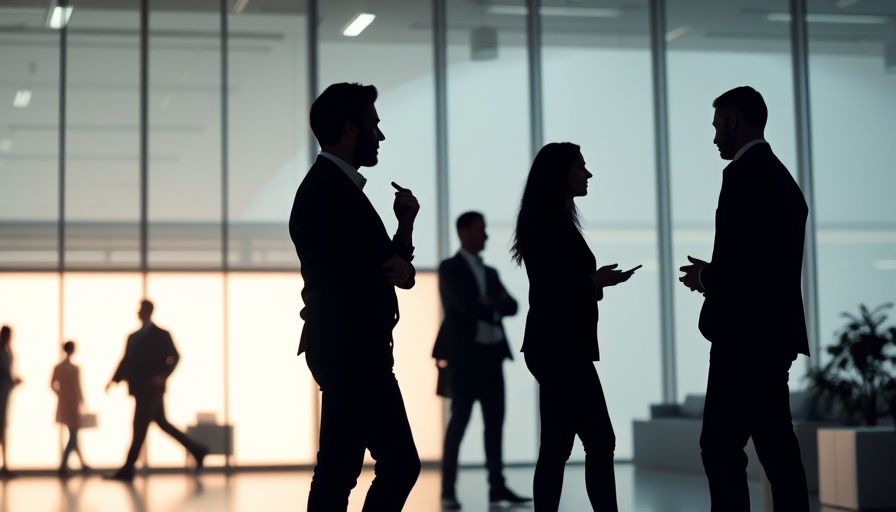 Silhouetted figures in consulting office discussing job cuts, modern interior