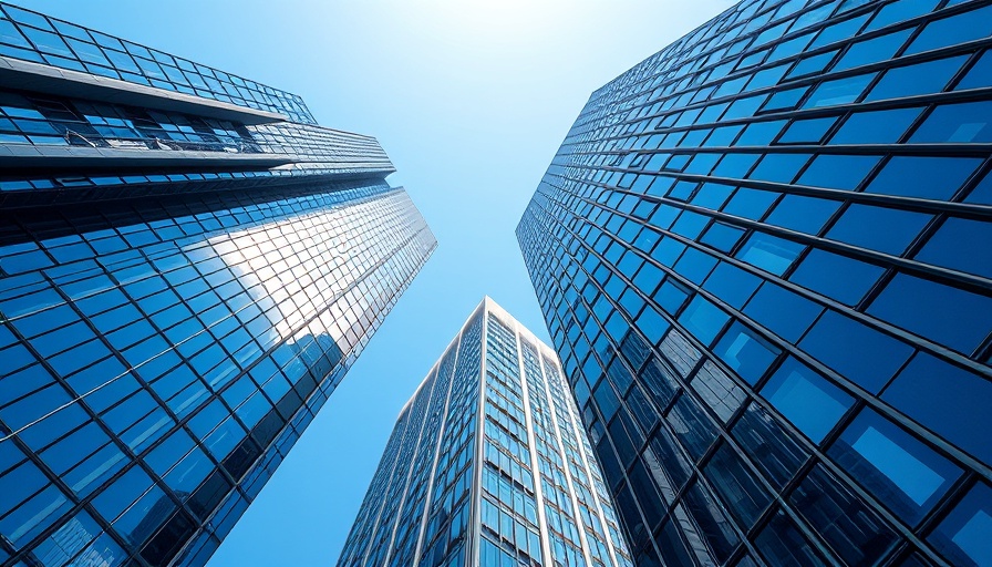 Urban skyscrapers showcasing AI optimizing physical office management