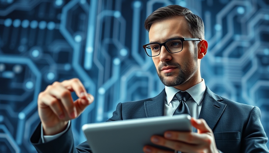 Businessman interacts with digital AI interface on tablet, highlighting AI and Human Touch in Hospitality.