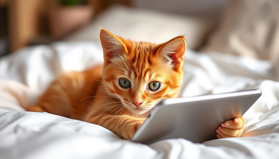 Ginger cat reaching for a tablet on a bed, AI in Consulting