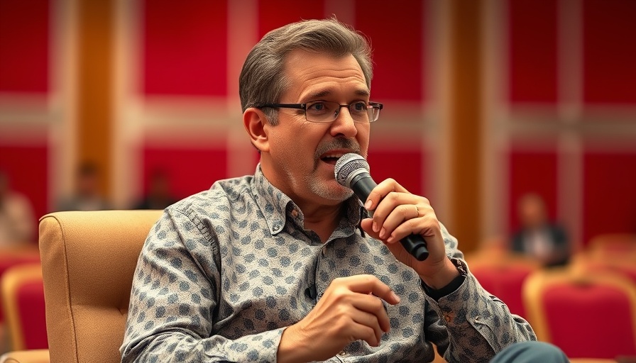 Middle-aged man discussing ethical AI use in Indonesia at a conference.