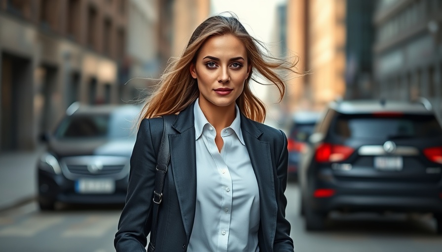 Professional woman walking confidently outdoors, urban background.
