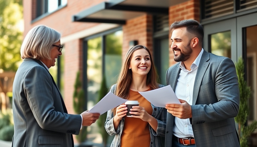 Couple consulting with real estate agent outdoors as housing market favors buyers.