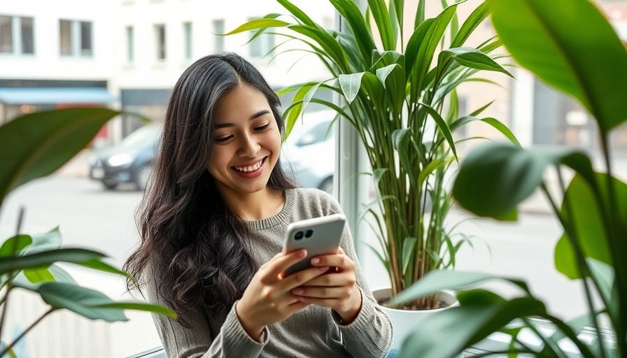 Smiling woman checking phone by window with plant, Booking.com Global AI Sentiment Report.