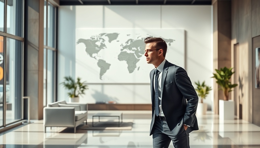 Modern business executive in sleek office with world map, AI in Hospitality.