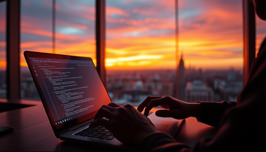 Person coding on laptop with sunset in city backdrop.