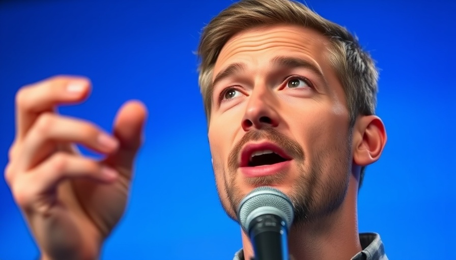 Man speaking into microphone with blue gradient background.