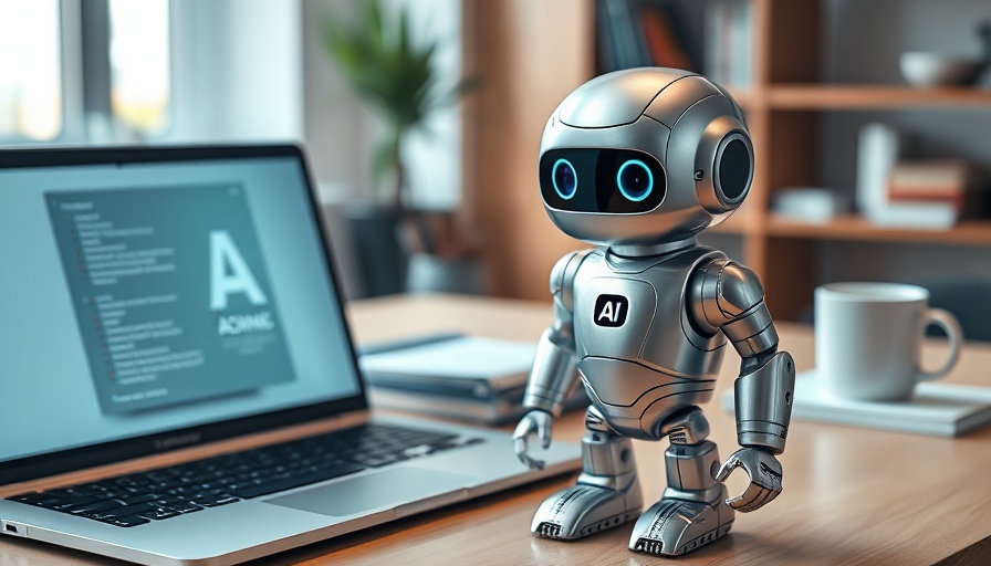 Futuristic robot on desk near laptop, Alpha AI investment platform theme.
