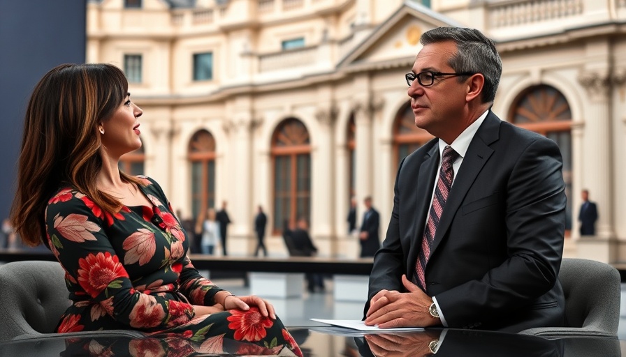 Talk show discussion in front of architectural backdrop.