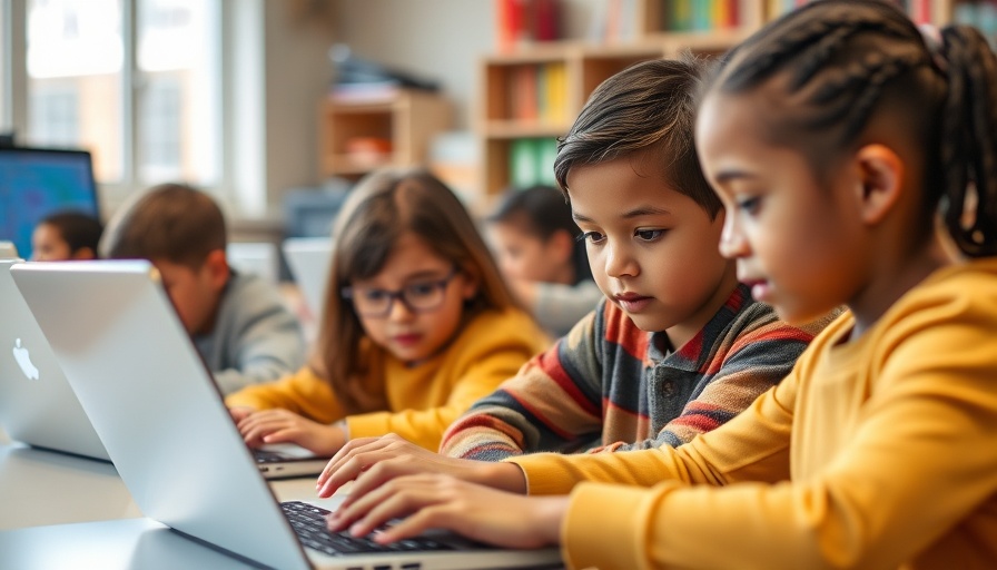 Children using laptops for AI-driven education in classroom setting.