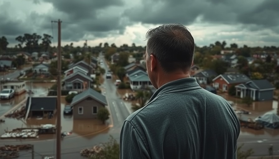 Man viewing flooded neighborhood after Hurricane Katrina, contemplative scene.