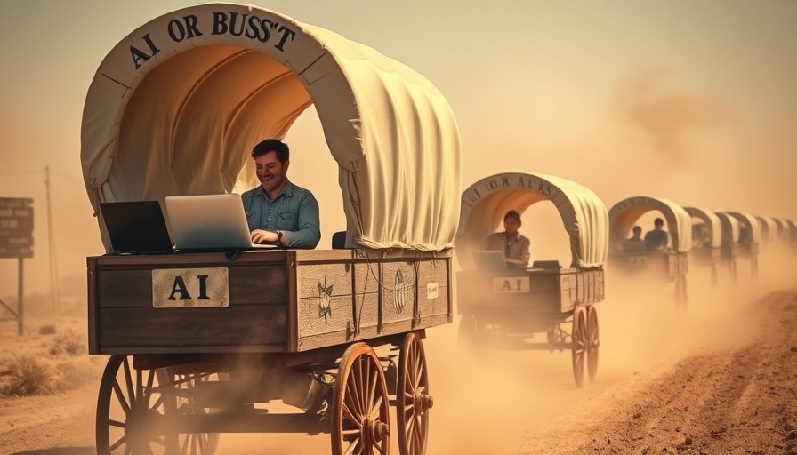 AI migration depicted with individuals on 'AI or Bust' wagons.