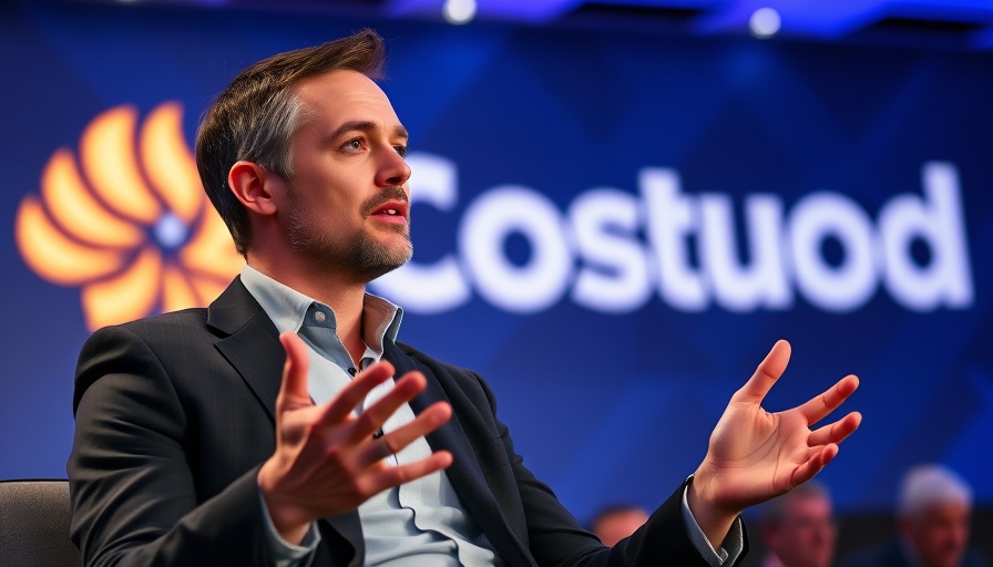 Confident speaker at conference with logo backdrop