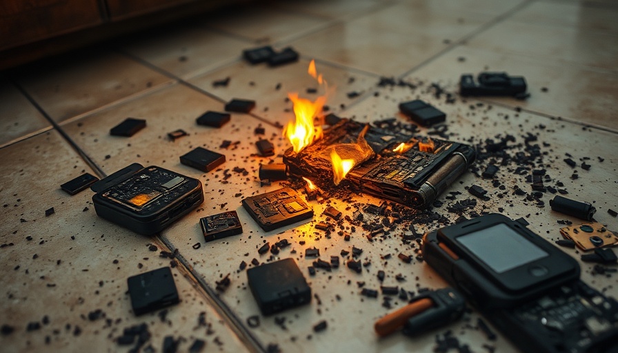 Burnt smartphone after battery fire on tile floor, illustrating Google Pixel 6a battery fire incidents.