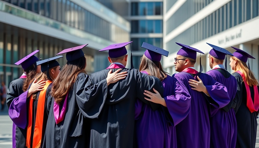 Graduates in gowns embracing, symbolizing future in professional services.