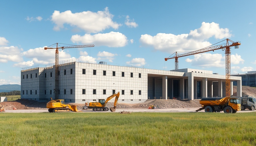 AI data center construction site with heavy machinery under a blue sky.