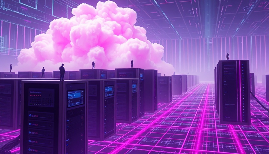Futuristic server landscape with AI coding agents and glowing clouds