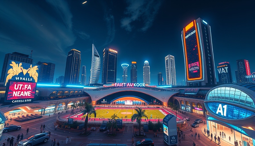 Aerial view of AI-powered hotels and convention center around a sports complex.