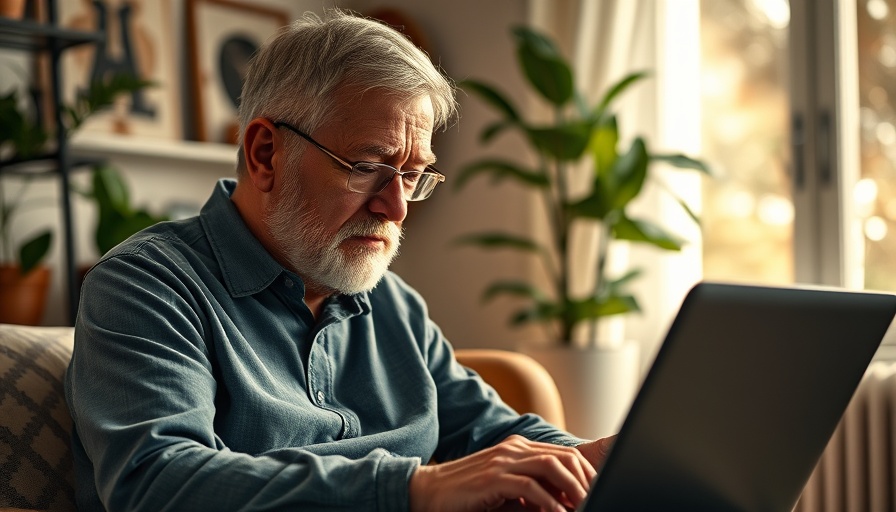 Older man working on laptop in cozy room, AI in local government.