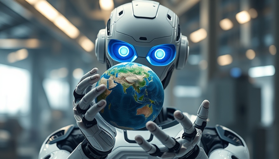 Futuristic robot holding Earth globe, AI shaping society theme.