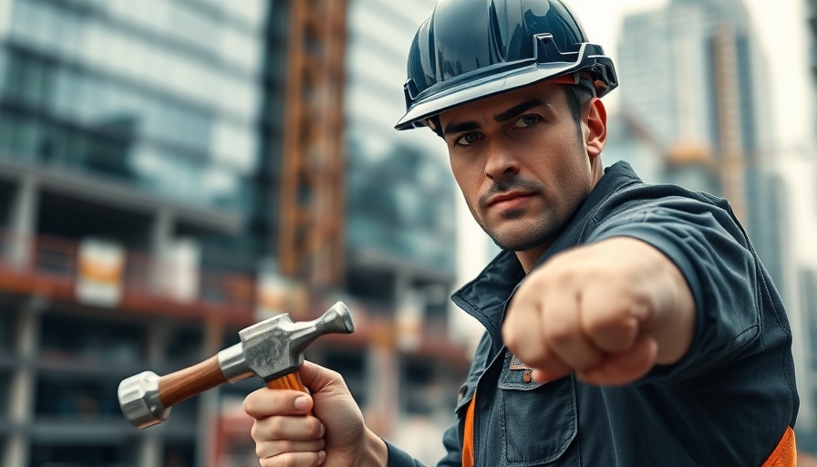 AI in construction: Worker using tools on modern construction site.