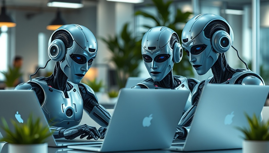 Futuristic AI collaboration scene with sleek humanoid robots in office.