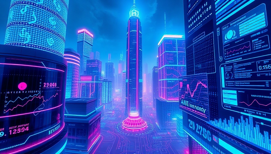 Futuristic cityscape showcasing AI in energy management with smart buildings.