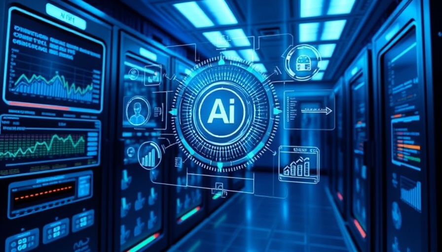 Digital interface in high-tech server room, AI and data charts.