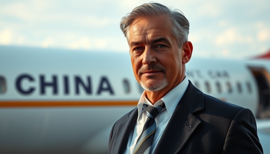 Distinguished gentleman standing before airplane, China AI model development.