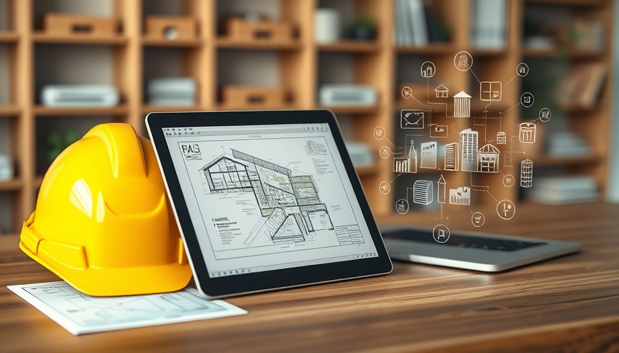 AI in construction: tech tools with hard hat and digital plans.