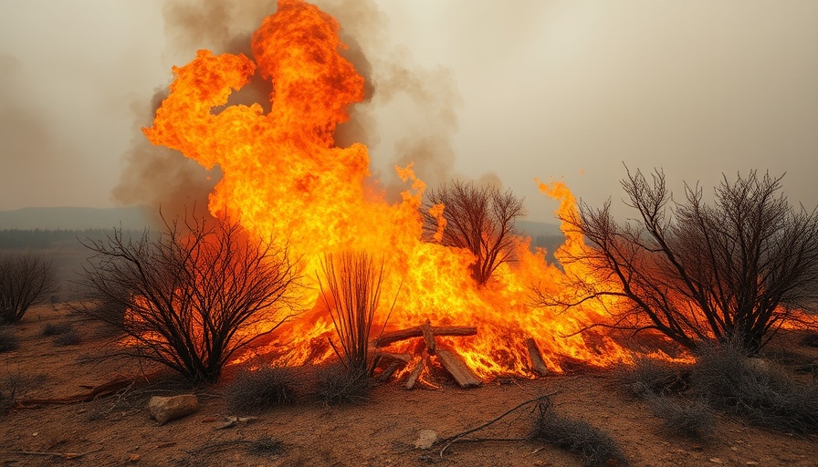 Intense wildfire burning vegetation under orange sky.