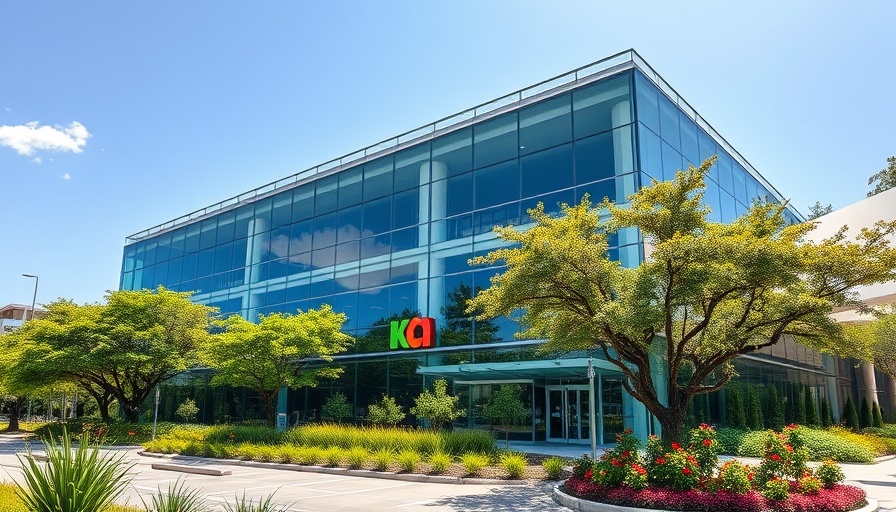 Modern office building representing AI education job training, sunny campus.