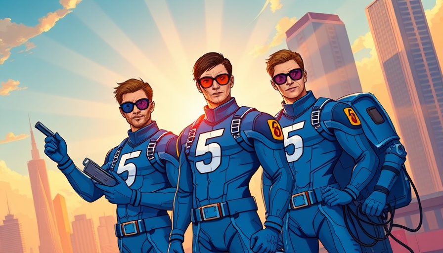 Futuristic superhero team standing confidently with tech gadgets against cityscape.