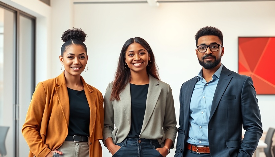 Diverse team posing confidently in modern office with red art.