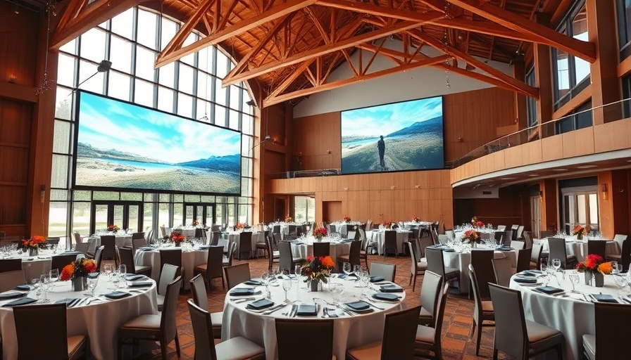 Elegant banquet hall with set tables, AI Sales Suite for Hotels.